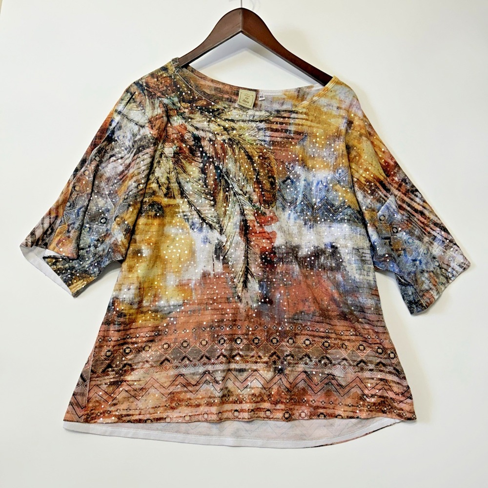 Jess & Jane Womens Feather Print Top‎ Sequins Size XL Tribal Watercolor Artsy